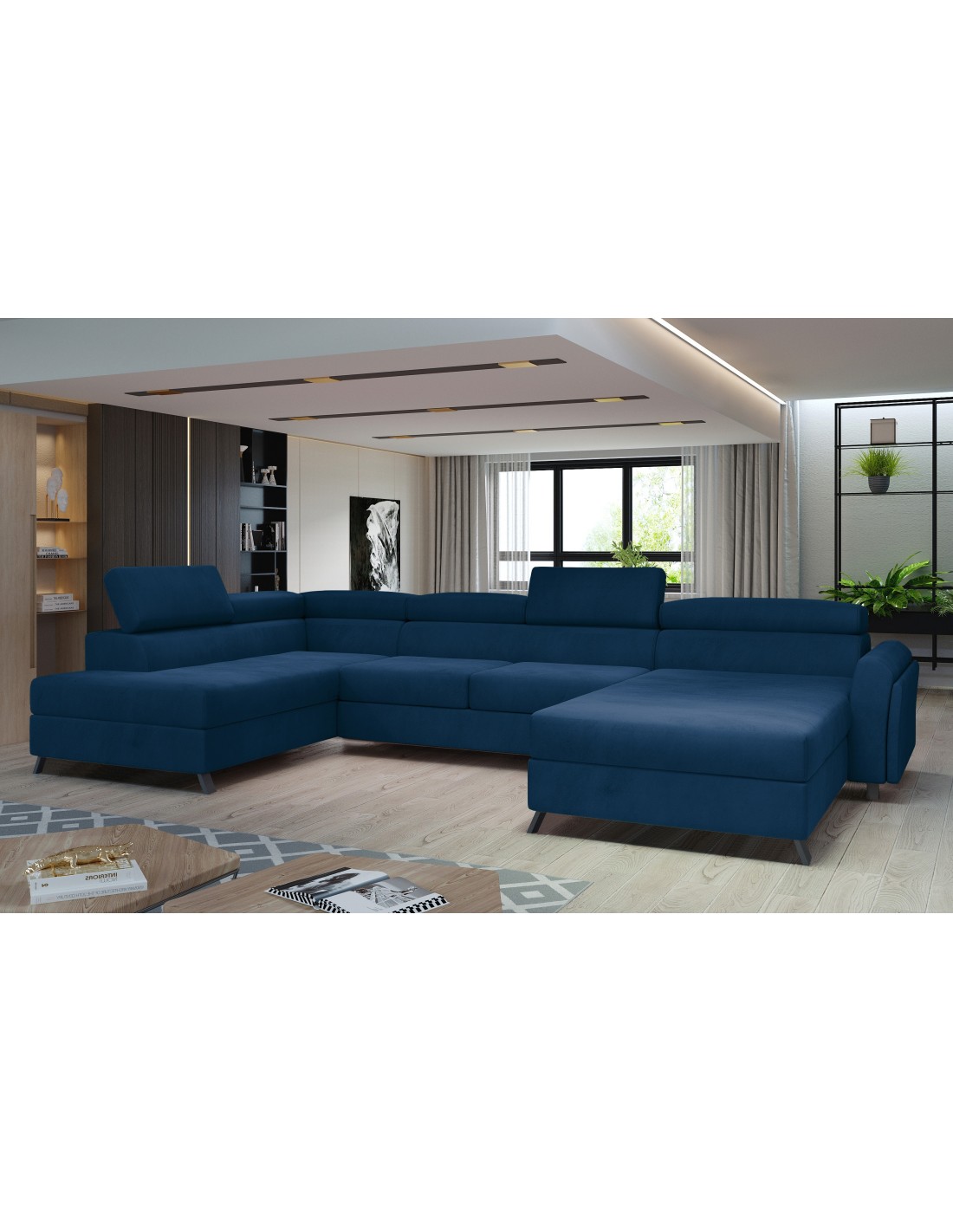 Canapé Panoramique Bleu Foncé 5 Places Angle Gauche Pieds Métal 9cm Clotis
