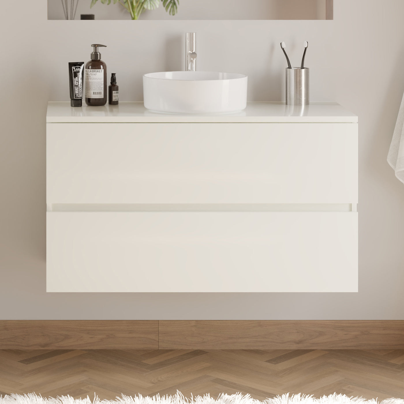 Meuble De Salle De Bain 100cm Avec Plateau Et Vasque À Poser Ronde - 2 Tiroirs - Sans Miroir - Blanc Brillant - Ida