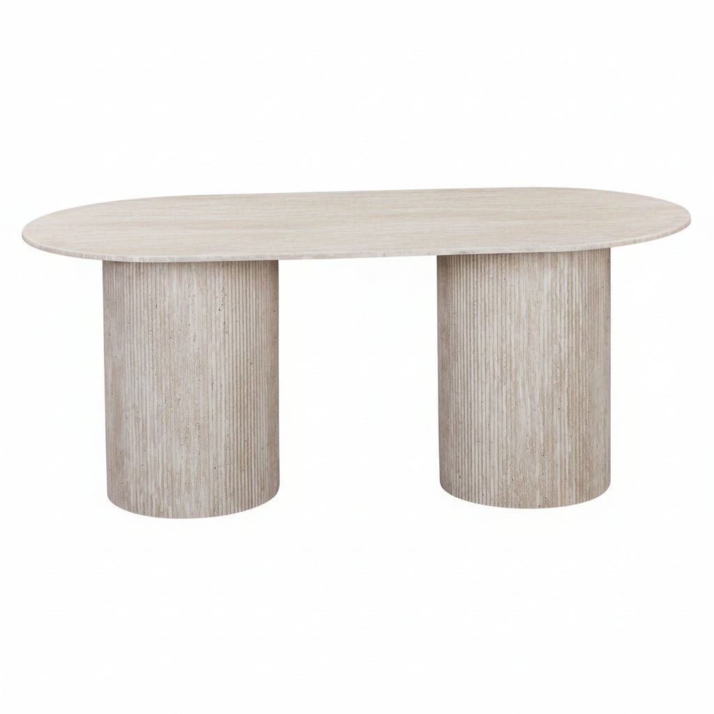 Mobilier Deco - Table À Manger Ovale En Granite Couleur Travertin 180 Cm - Plateau Épais 1,8 Cm - Design Moderne Pour 6 Personnes