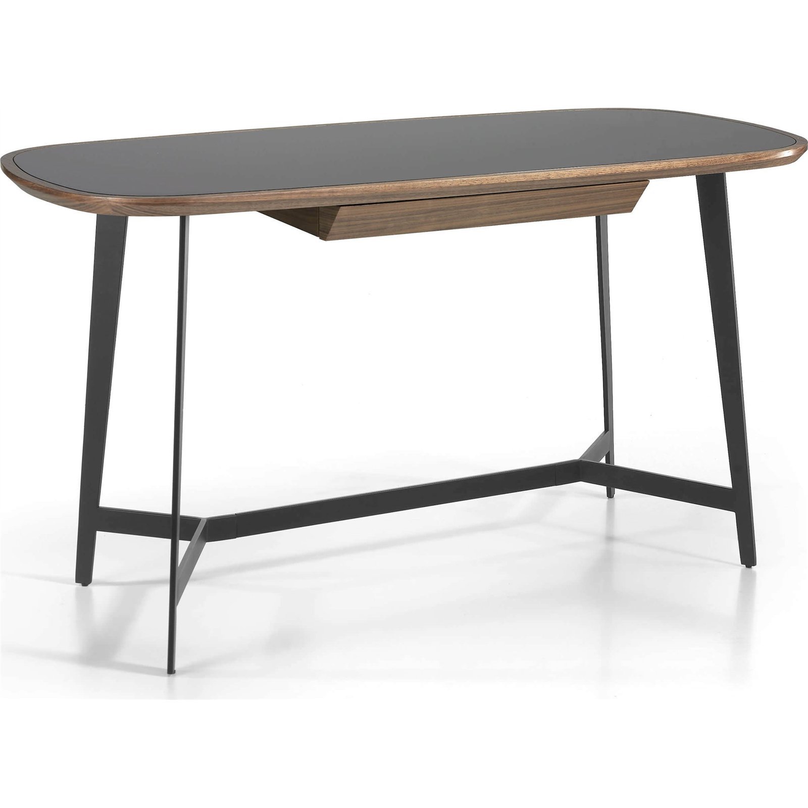 Bureau Plateau Bois Et Verre Teinté Noir Tiroir Central Pieds Acier Peint Époxy - Noyer, Noir