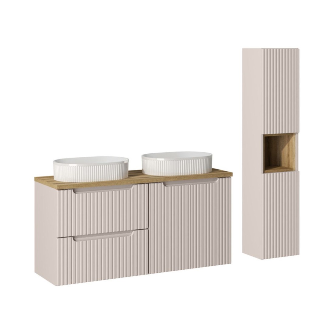 Ensemble Vano Cachemire Et Chêne 150cm: Meubles Sous Vasque À Tiroirs Et Placards + Vasques À Poser Rainurées Blanches + Colonn