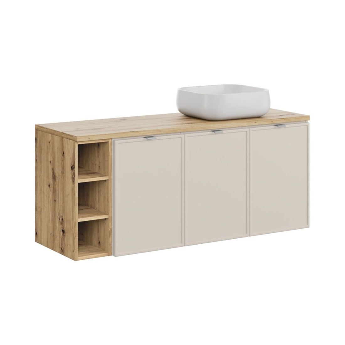 Ensemble Brazza: Meubles Sous Vasque À Placards 140cm Avec Niches Visibles + Plan Pour Vasque + Vasque À Poser Carrée Arrondie