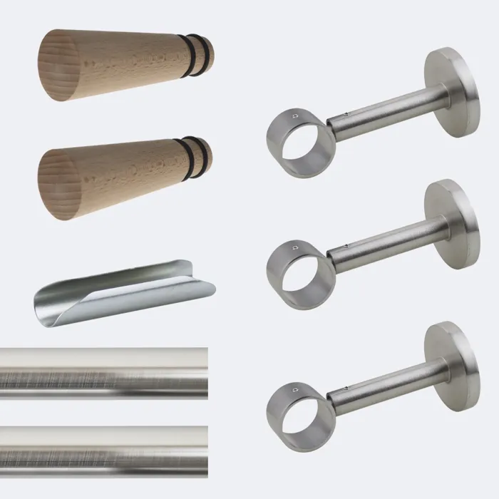 Kit de tringle à rideaux Nickel Mat 300cm Diam.28mm Embout Cône Bois - Fixation Mur - Boulet