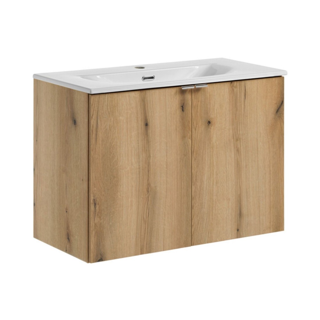 Ensemble De Salle De Bain Suspendu Vano Aspect Chêne Et Blanc 80cm: Meubles Sous Vasque À Placards + Vasque Encastrée