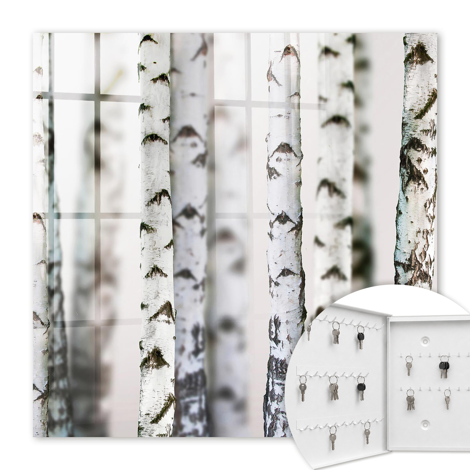 Armoire À Clés - (30 Cm X 30 Cm) - Boîte À Clés Murale - Coffret De Rangement Pour Clés - Couleur Blanche - Ouverture Vers La Gauche - Pour Maison Et Bureau - Troncs De Bouleau
