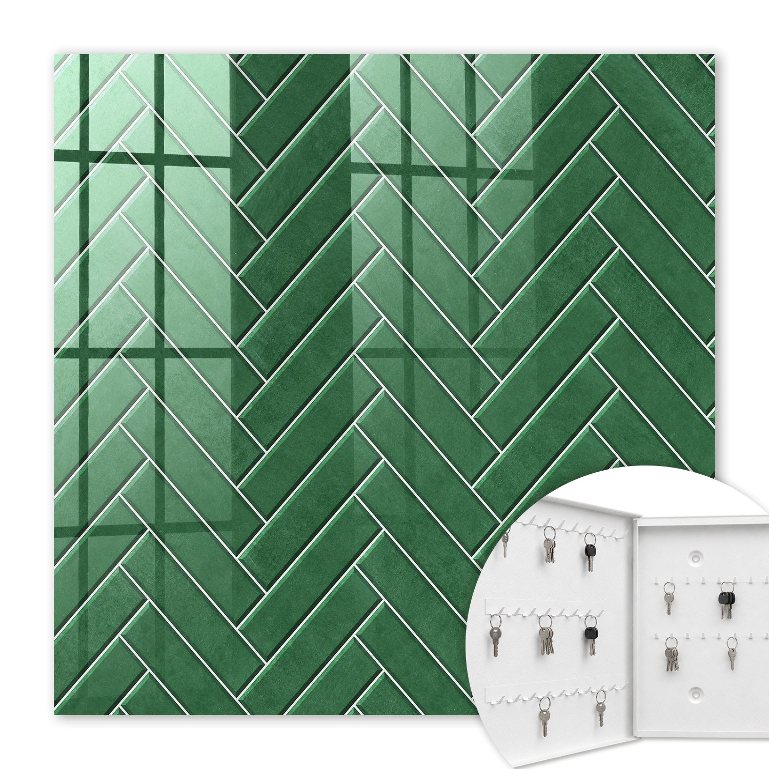 Armoire À Clés - (30 Cm X 30 Cm) - Boîte À Clés Murale - Coffret De Rangement Pour Clés - Couleur Blanche - Ouverture Vers La Gauche - Pour Maison Et Bureau - Chevrons Verts