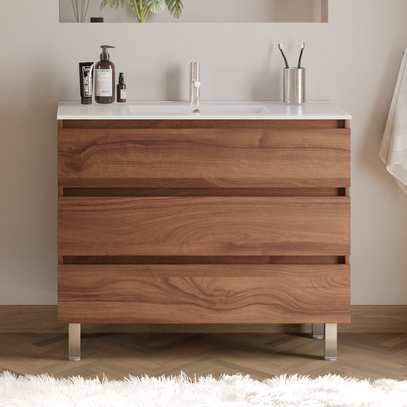 Meuble De Salle De Bain 100cm Simple Vasque - 3 Tiroirs - Sans Miroir - Noyer (bois Foncé) - Mayor