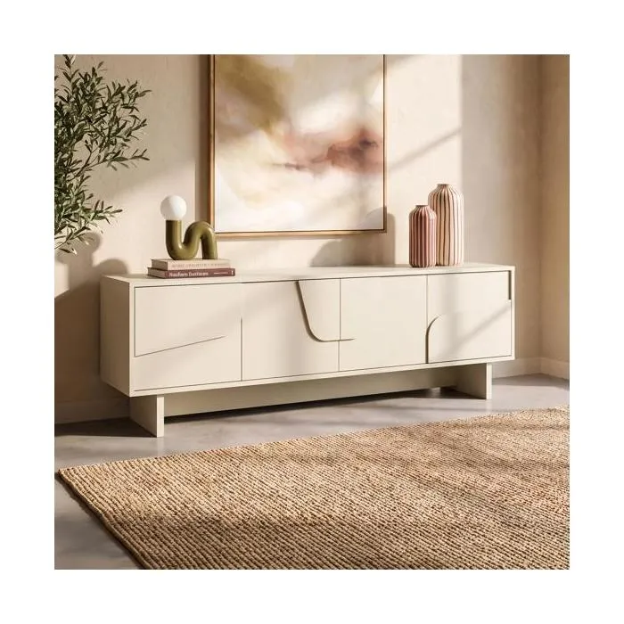 Meuble TV beige 160cm 4 portes finition mélaminée FLORA
