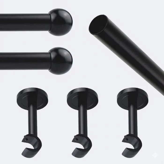 Kit de tringle à rideaux Noir Mat 300cm Diam.20mm Embout Boule - Fixation Mur - Boulet