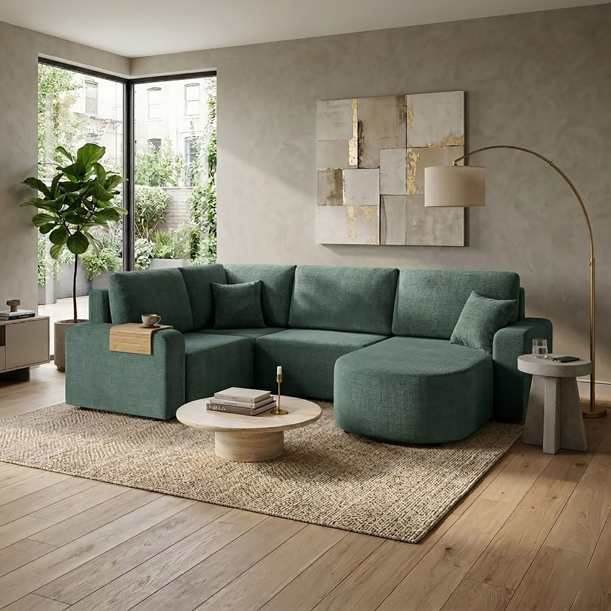 Canapé En U Modulable 5 Places En Tissu Texturé Vert - Modulys