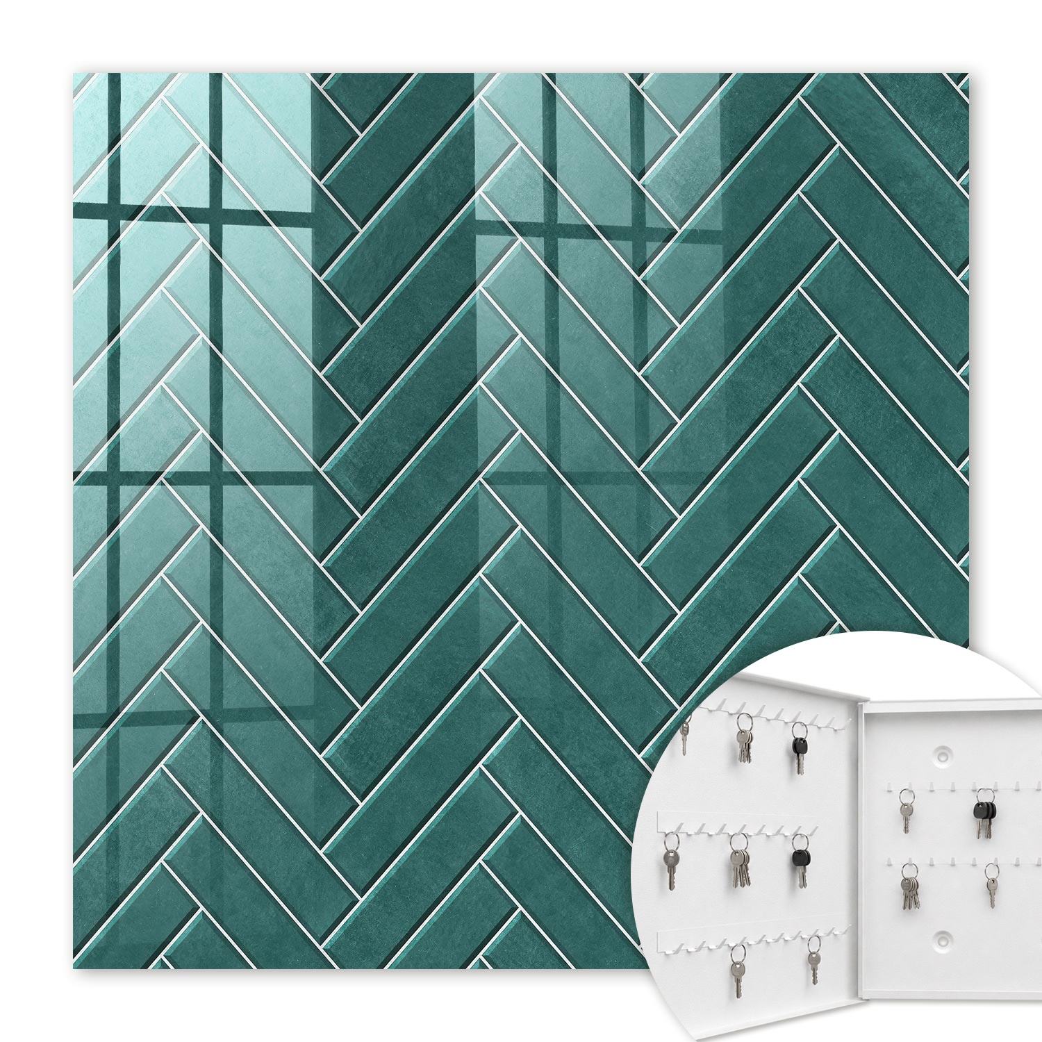 Armoire À Clés - (30 Cm X 30 Cm) - Boîte À Clés Murale - Coffret De Rangement Pour Clés - Couleur Blanche - Ouverture Vers La Gauche - Pour Maison Et Bureau - Motif À Chevrons Turquoise