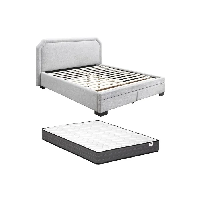 Lit avec tiroirs 160 x 200 cm - Tissu - Gris clair + Matelas - INASTO