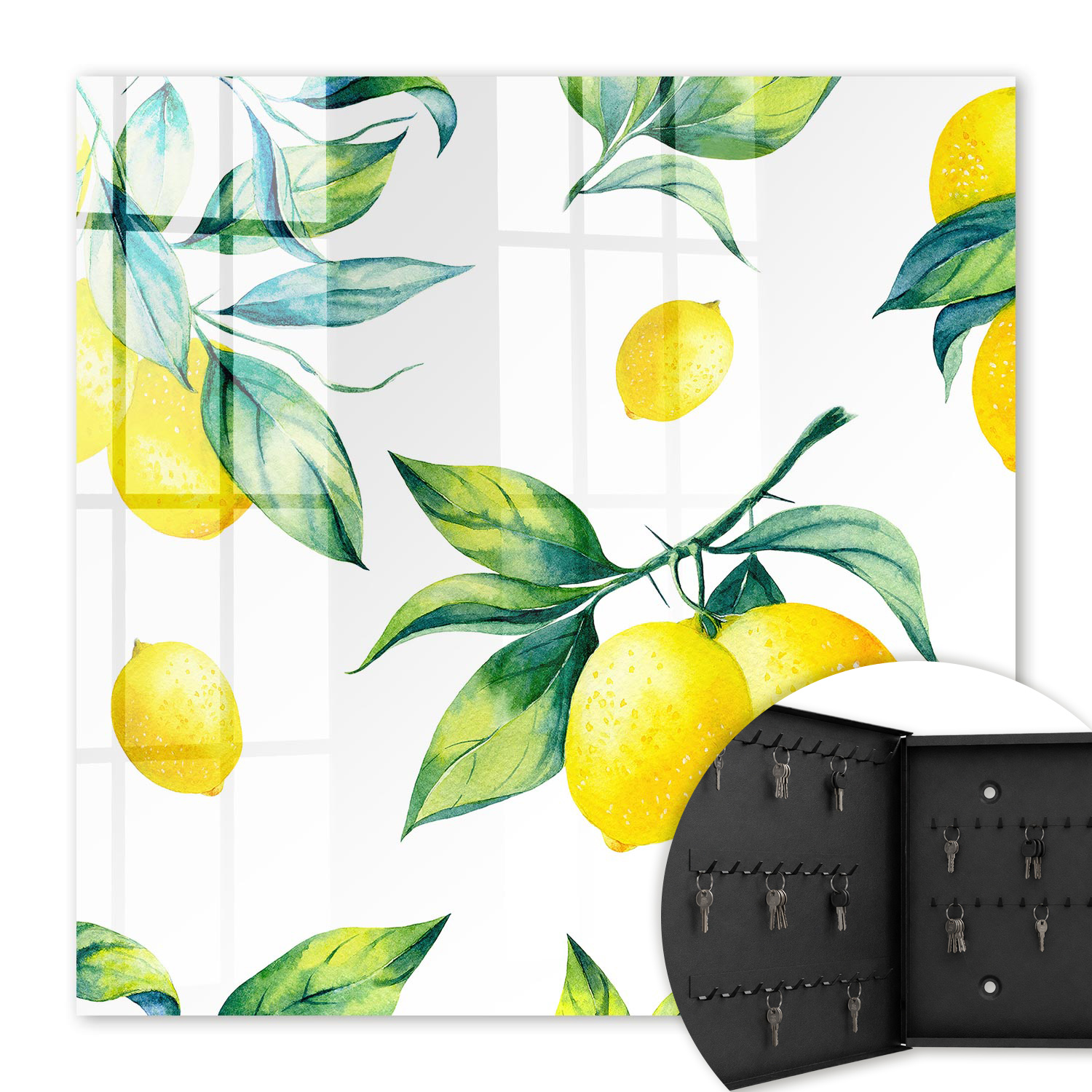Armoire À Clés - (30 Cm X 30 Cm) - Boîte À Clés Murale - Coffret De Rangement Pour Clés - Couleur Noire - Ouverture Vers La Gauche - Pour Maison Et Bureau - Citrons Aquarelle