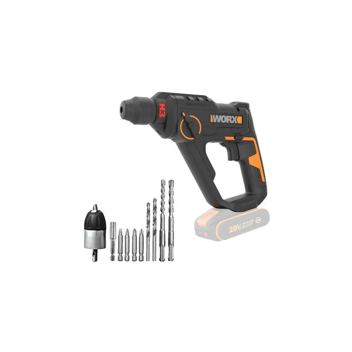 Marteau perforateur 20V WORX - WX391.9 (1,2J, perçage rapide dans le béton, 3 fonctions en 1, sans batterie ni chargeur)