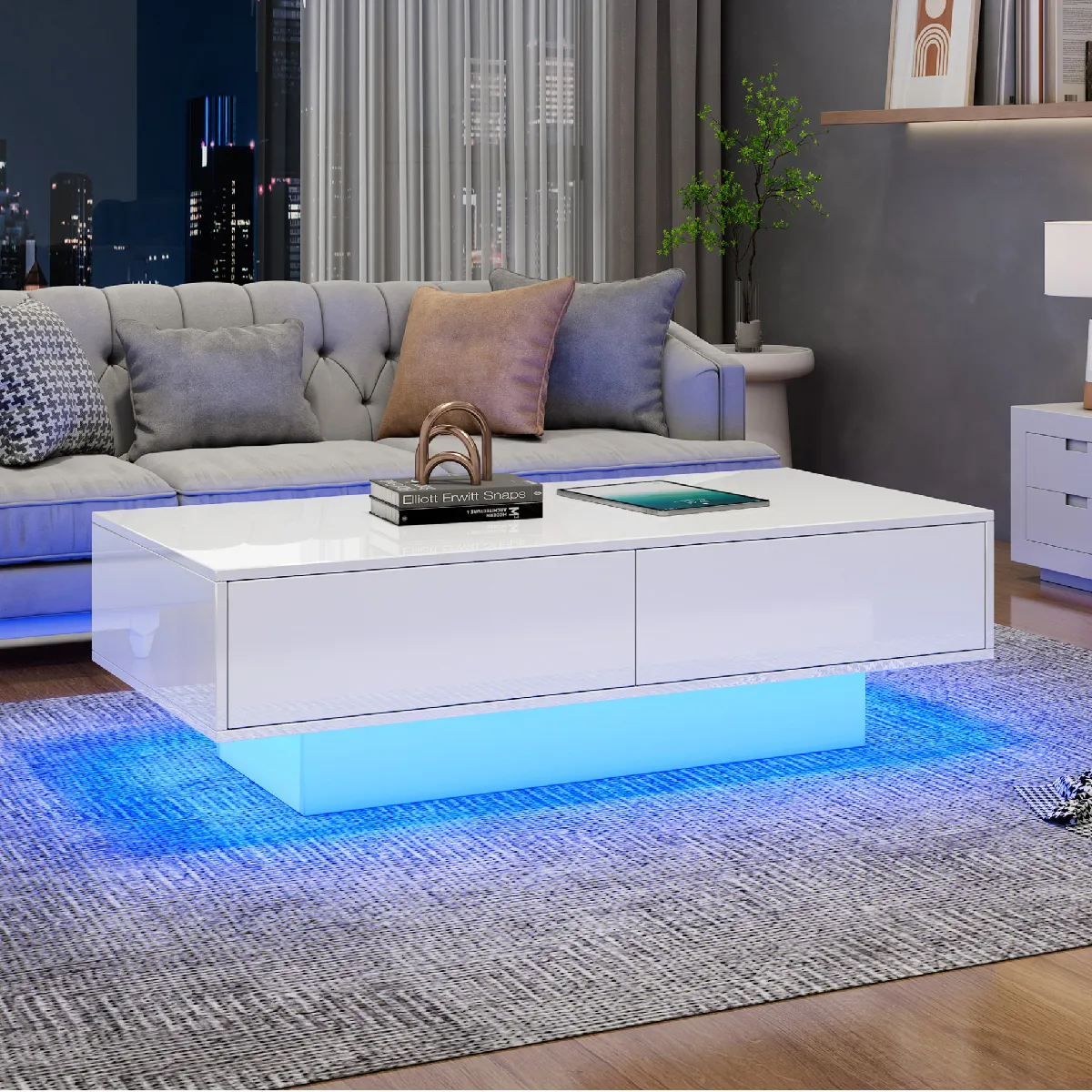 Table Basse Blanc avec 2 Tiroirs et Éclairage LED, Capacité 30 kg, Plateau et Façades Brillants, 115 x 55 x 34 cm - Blanc