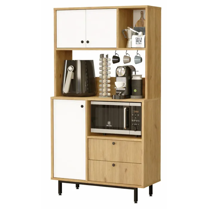 Buffet 3 Portes 2 Tiroirs 6 Niches Chêne Et Blanc L 88 H 161.2 P 35.5 Cm