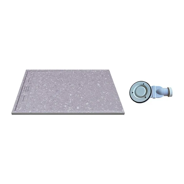 Receveur de douche extra plat à poser ou à encastrer recoupable en résine SMC avec siphon - Effet terrazzo gris - 140 x 90 cm -