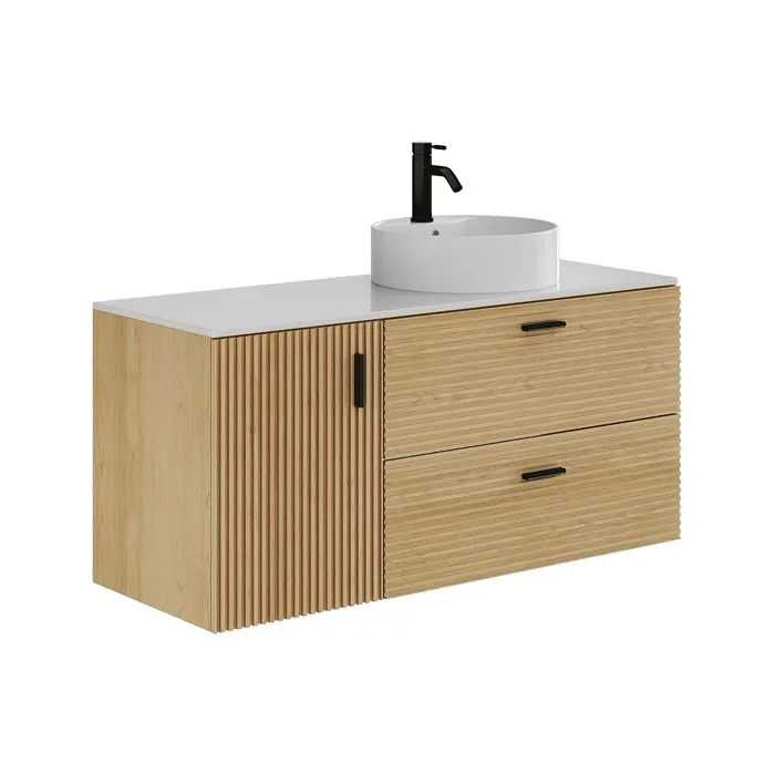 Meuble de salle de bain suspendu strié avec vasque à poser ronde - 1 porte et 2 tiroirs - Naturel clair - 120 cm - SARONE