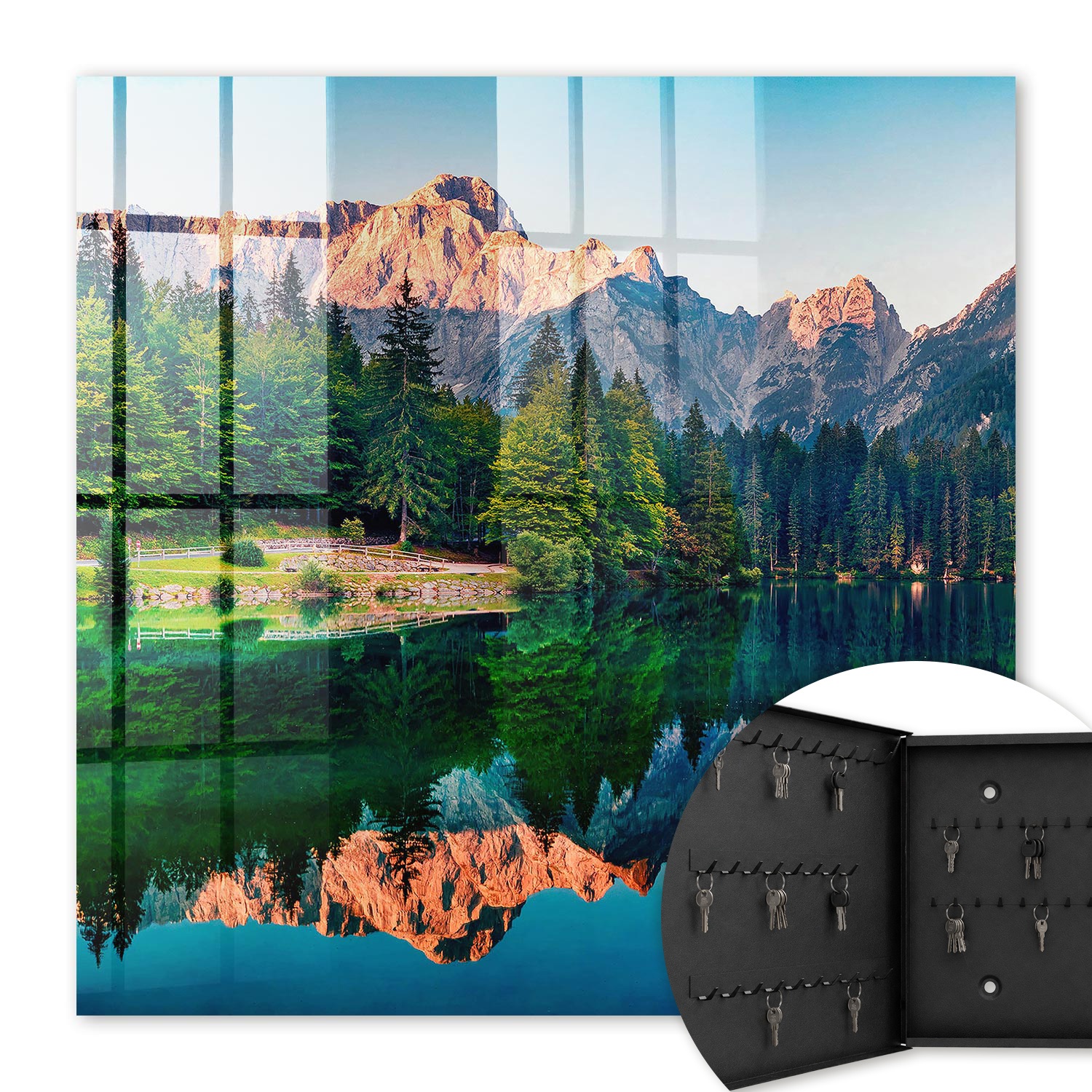 Armoire À Clés - (30 Cm X 30 Cm) - Boîte À Clés Murale - Coffret De Rangement Pour Clés - Couleur Noire - Ouverture Vers La Gauche - Pour Maison Et Bureau - Paysage De Montagne