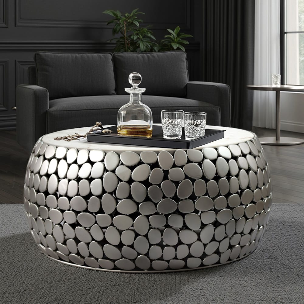 Table Basse Design Ronde 66cm Aluminium Métal & Marbre Alu Table De Salon