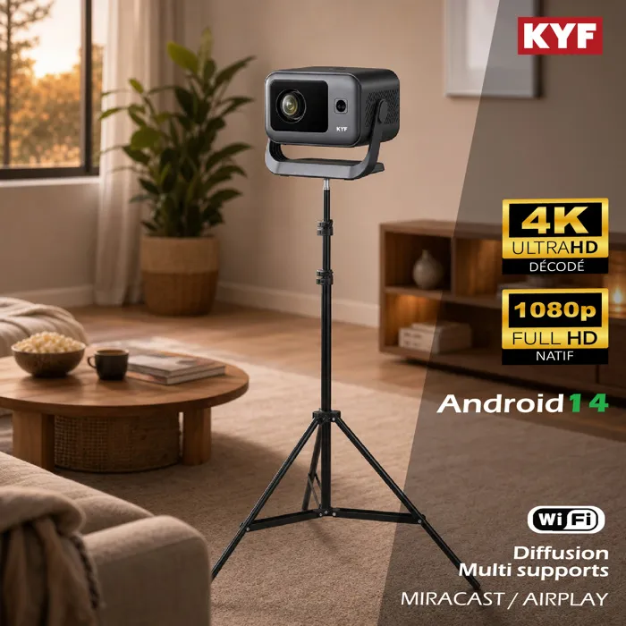 Pack cinéma avec vidéoprojecteur Full HD Android 14 et trépied télescopique 210 cm