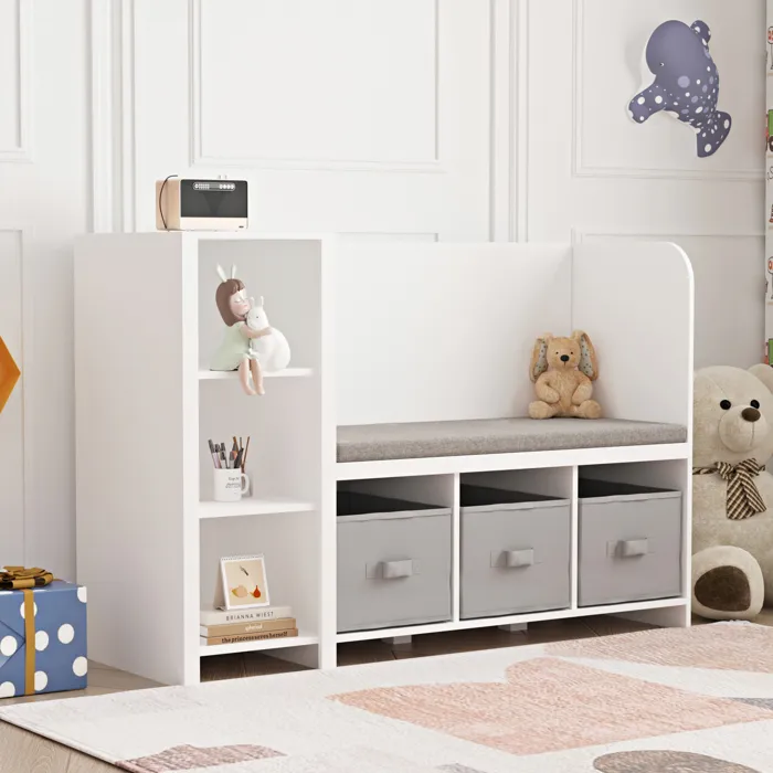 Étagère enfant avec banc Hoeylandet 76 x 112 x 40 cm blanc gris en.casa