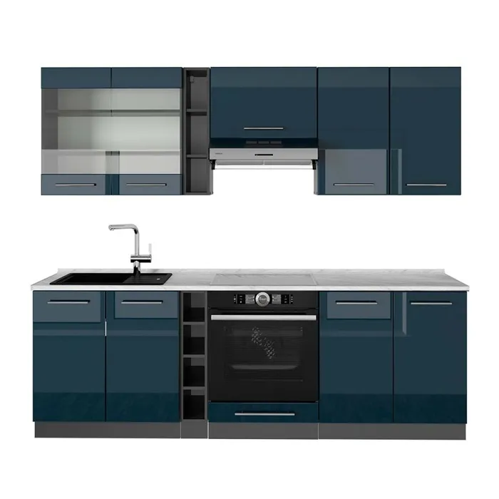 Vicco Cuisine Bleu foncé brillant/Anthracite 235cm, PT Marbre