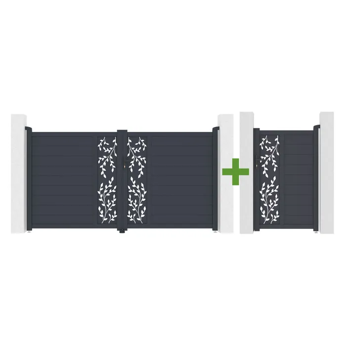 Portail battant 3m FOLYA H.160cm + Portillon 1m FOLYA H.160cm aluminium gris