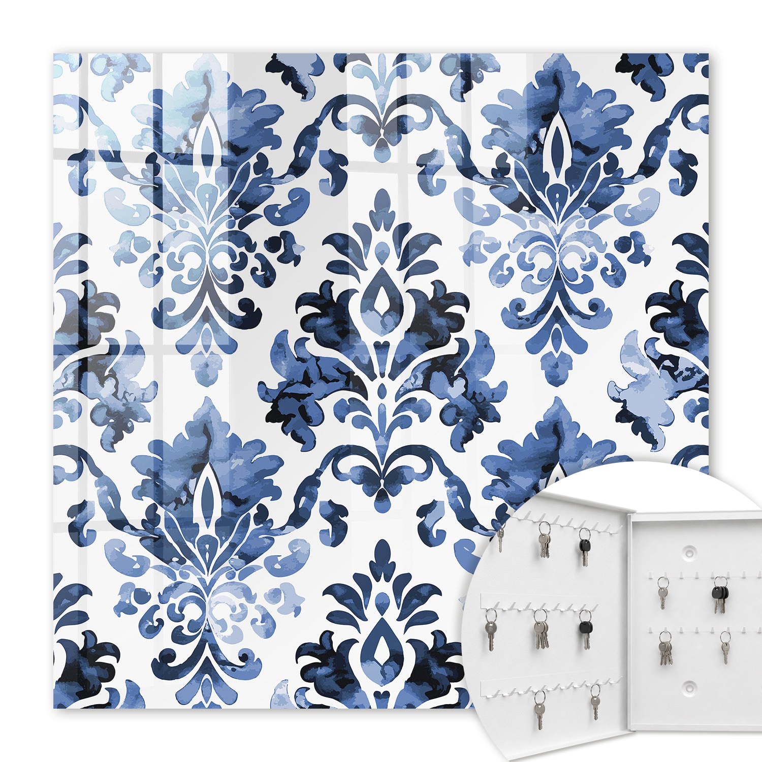 Armoire À Clés - (30 Cm X 30 Cm) - Boîte À Clés Murale - Coffret De Rangement Pour Clés - Couleur Blanche - Ouverture Vers La Gauche - Pour Maison Et Bureau - Ornements Bleus