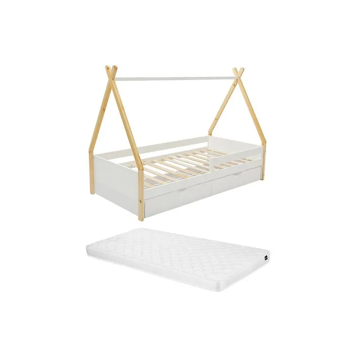 Lit tipi 90 x 190 cm avec tiroirs - Pin et MDF - Coloris: Blanc et naturel + Matelas - LUANCO