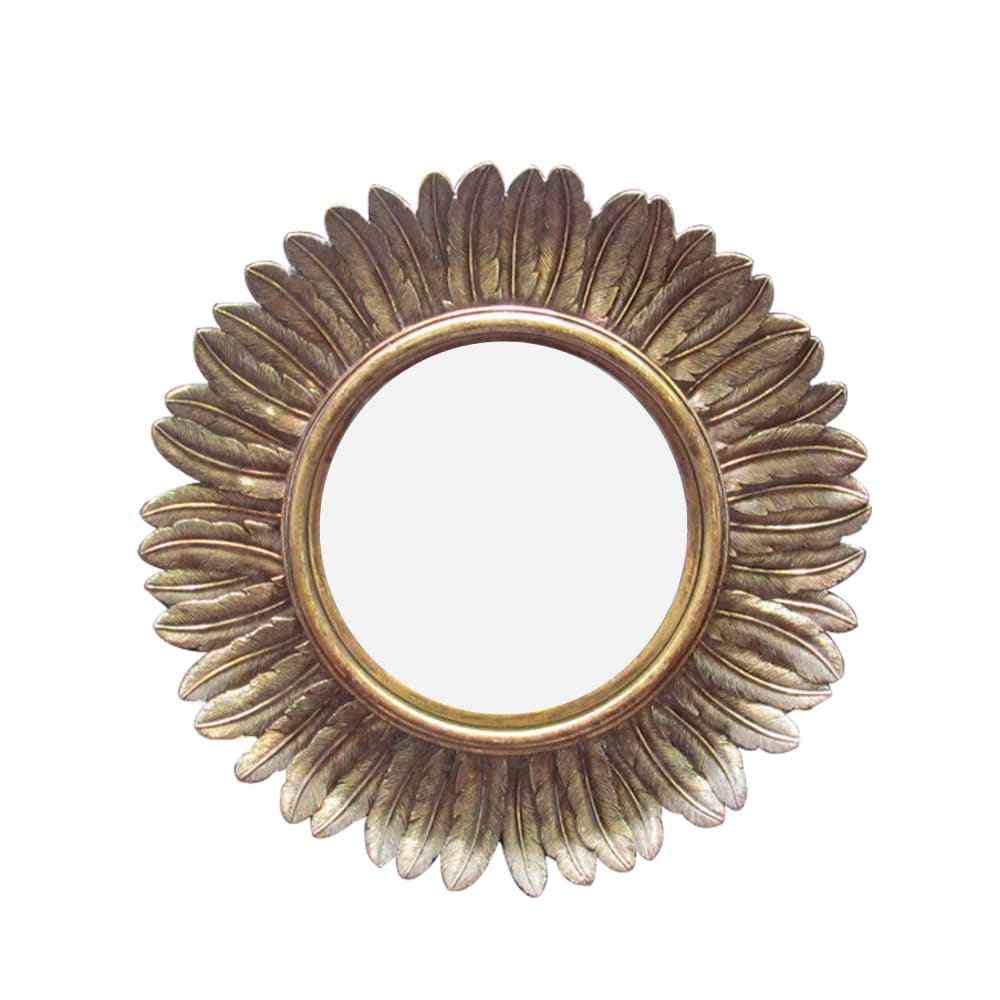 Miroir rond soleil convexe contours plumes 33 cm