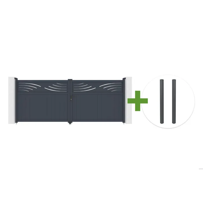 Portail battant 4m HALTI H.160cm aluminium gris + 2 poteaux ELDA aluminium gris 15x15cm