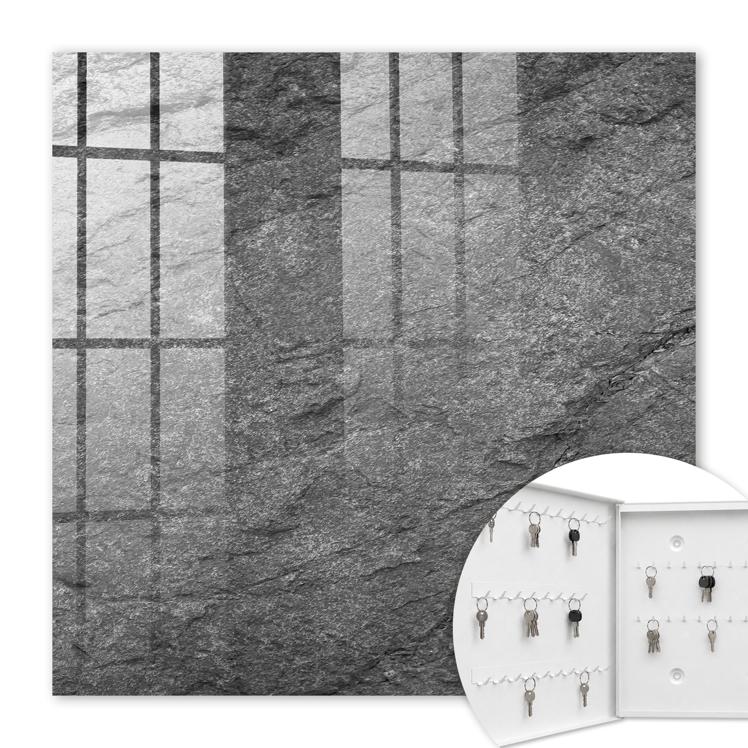 Armoire À Clés - (30 Cm X 30 Cm) - Boîte À Clés Murale - Coffret De Rangement Pour Clés - Couleur Blanche - Ouverture Vers La Gauche - Pour Maison Et Bureau - Pierre Grise