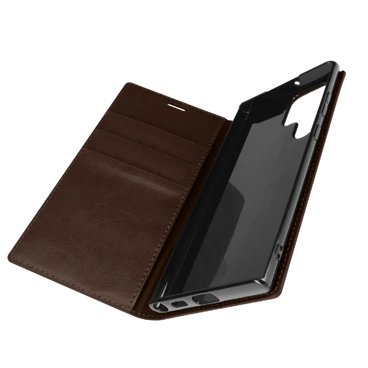 Étui Pour Samsung Galaxy S22 Ultra Folio Cuir Véritable Porte Cartes Support Vidéo Marron