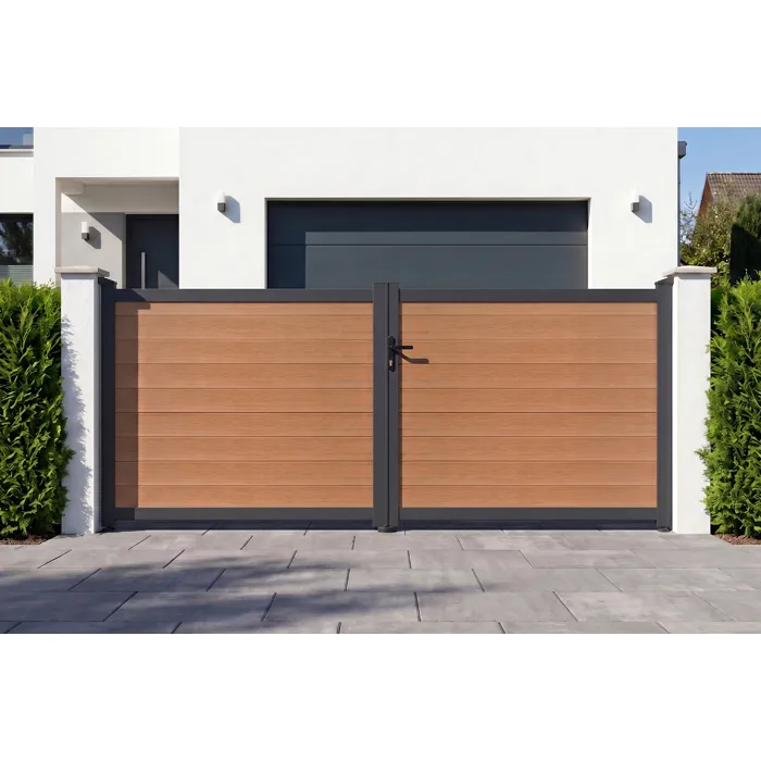 Portail Bois Composite Battant 3,5m Athos H.160cm Teck Avec Cadre Aluminium + 2 Poteaux Eifel Aluminium 10x10cm