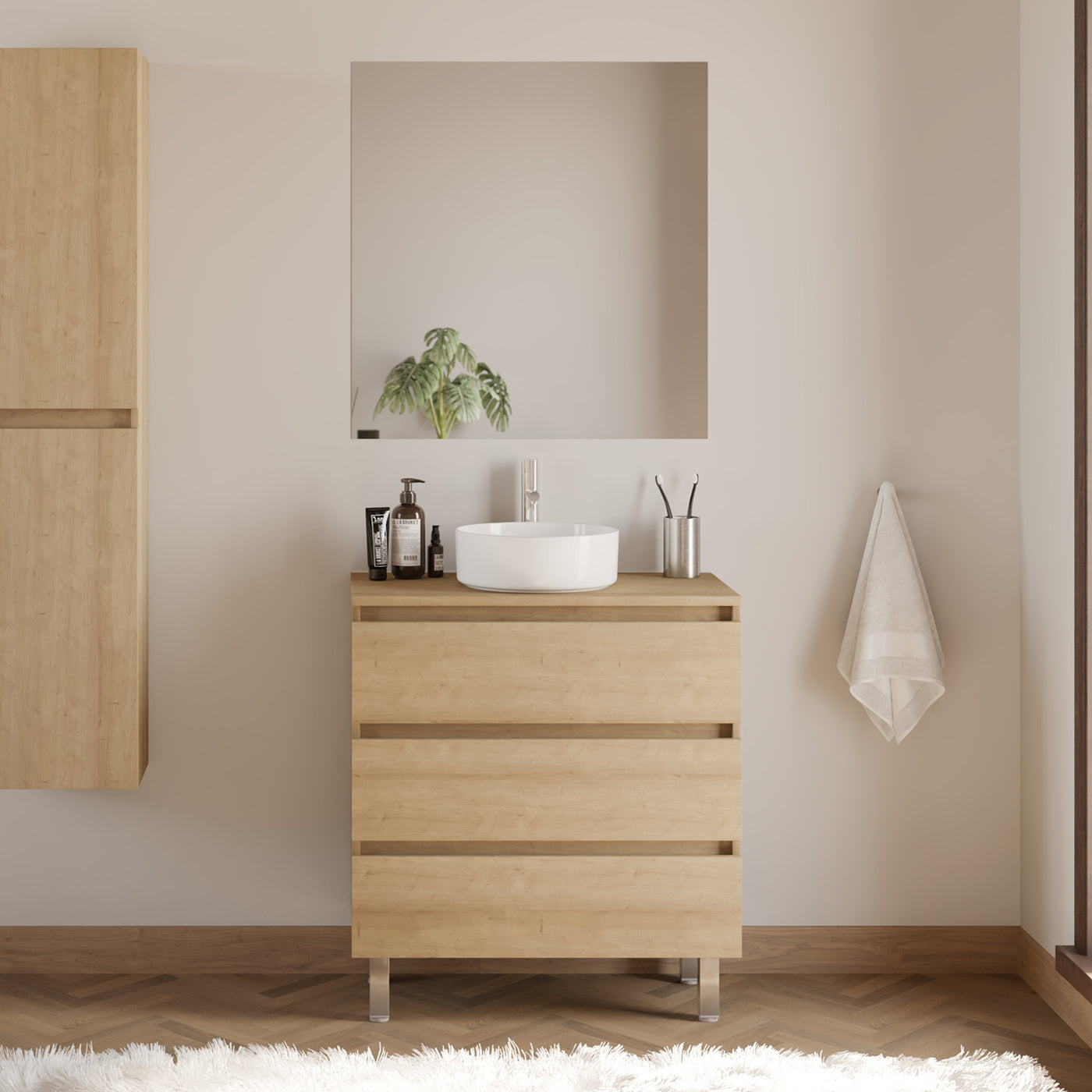 Meuble De Salle De Bain 60cm Avec Plateau Et Vasque À Poser Ronde - 3 Tiroirs - Nebraska (chêne Clair) - Mayor