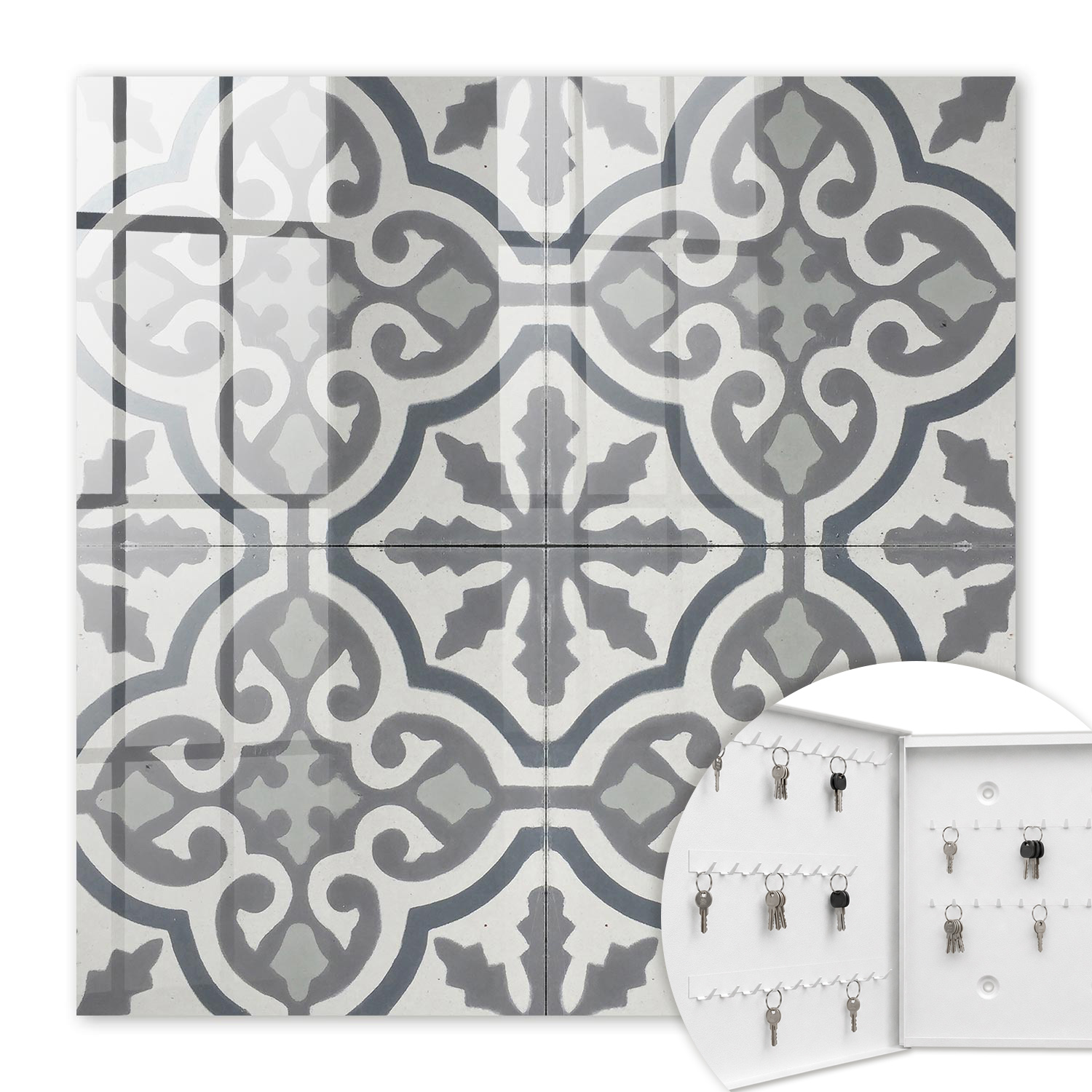 Armoire À Clés - (30 Cm X 30 Cm) - Boîte À Clés Murale - Coffret De Rangement Pour Clés - Couleur Blanche - Ouverture Vers La Gauche - Pour Maison Et Bureau - Motif Géométrique