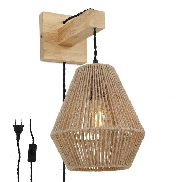 Applique murale en bois avec abat-jour en jute et câble, E27