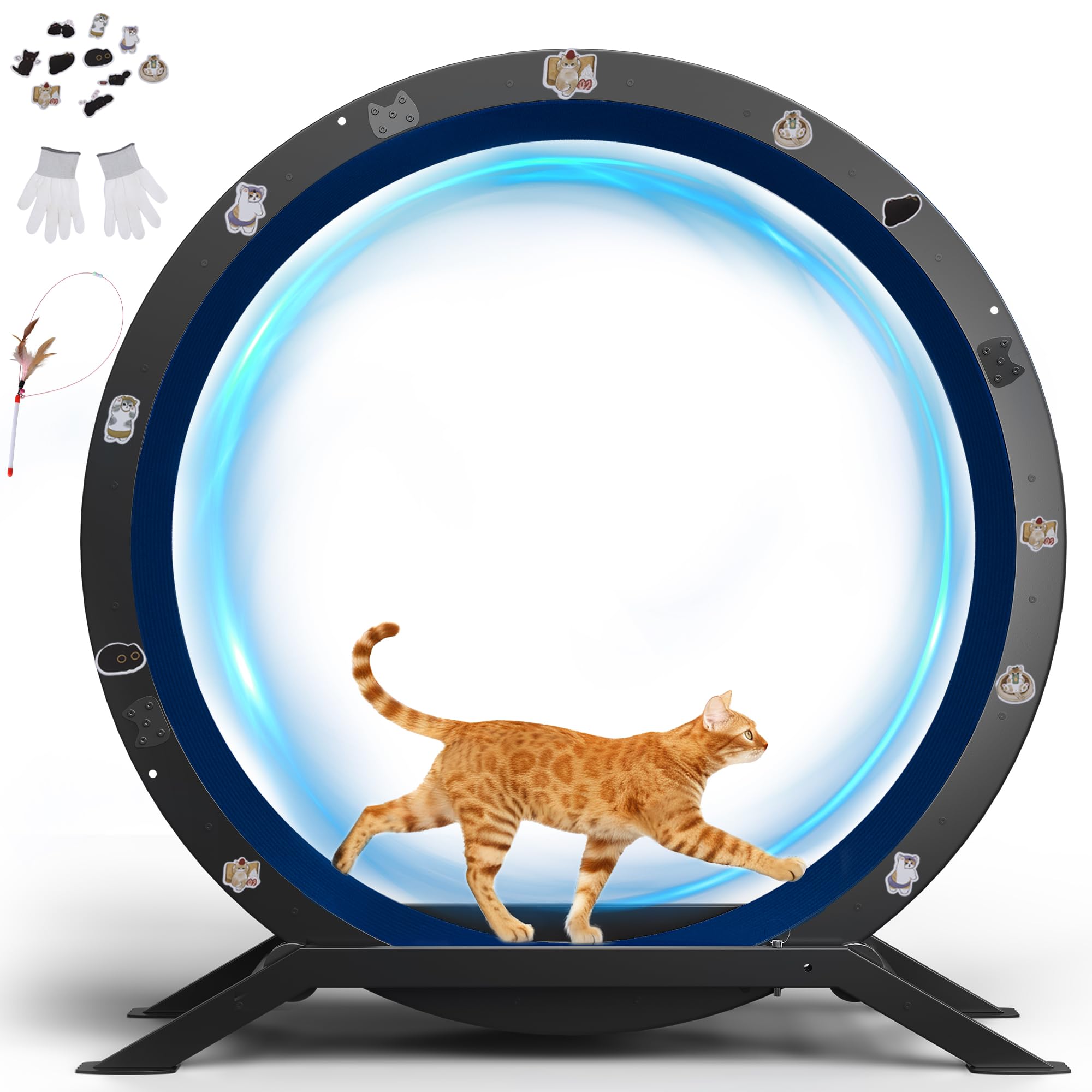 Roue Pour Chat, Roue D'Exercice Pour Chat, Xl- 100 Cm, Ultra-silencieuse Avec Tapis Amovible, Autocollants, Système De Verrouillage, Métal, Bleu, Cadeaux Pour Votre Chats