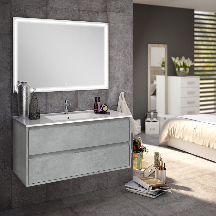 Meuble de salle de bain simple vasque 2 tiroirs IRIS et miroir Led VELDI ciment (gris) 100 cm COSYNEO SIRIRIS100VELDICIM