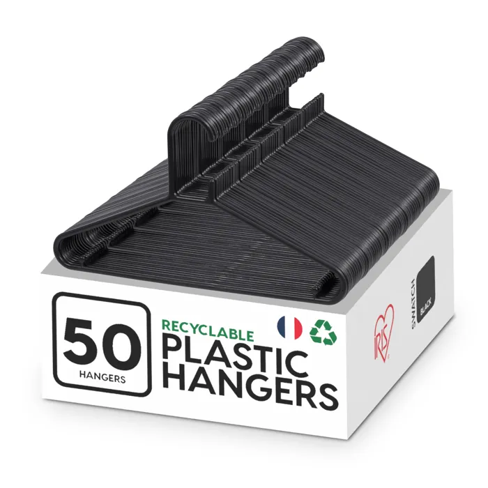 Iris Ohyama, Cintres plastique, Lot de 50 cintres pour vêtements, Noir, Sans BPA, Placards, Epais, Résistants, CHM-39