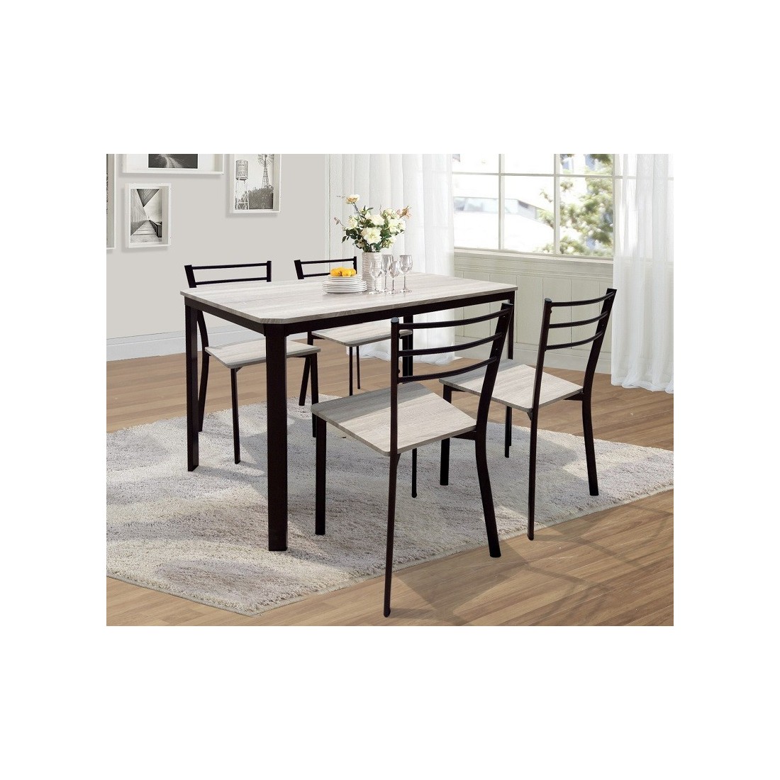 Meublorama - Ensemble Table De Repas Leeds Noire Finition Bronze + 4 Chaises - Style Industriel Bois Et Métal