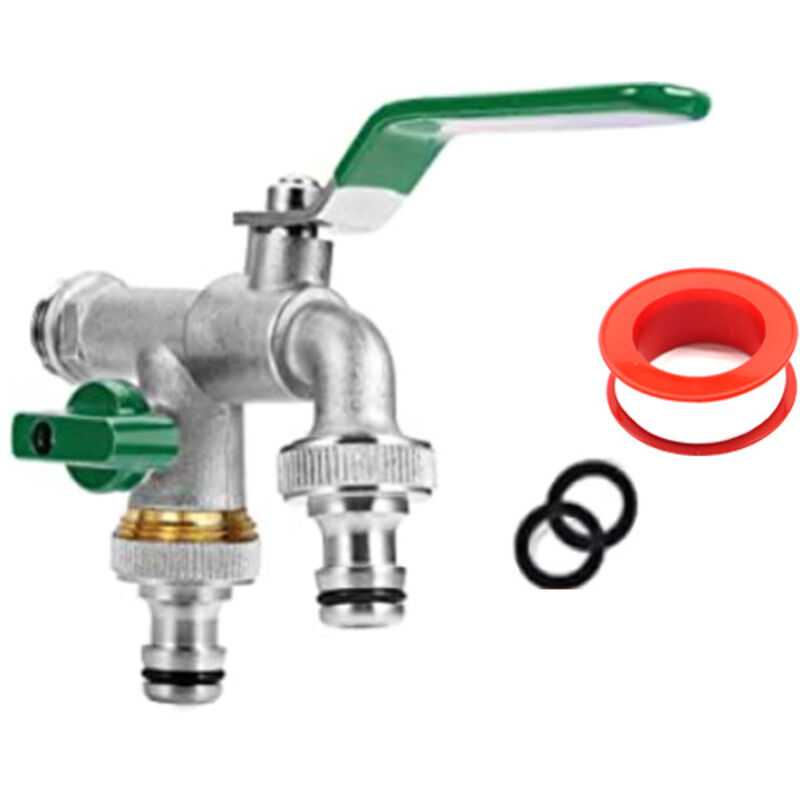 (vert)robinet Double De Jardin,robinet Avec 2 Sorties 3/4" - Entrée 1/2", 1 Bande D'Étanchéité À Rouleau, Double Raccord Et Embout De Tuyau Pour Jardin, Citerne De Pluie, Machine À Laver