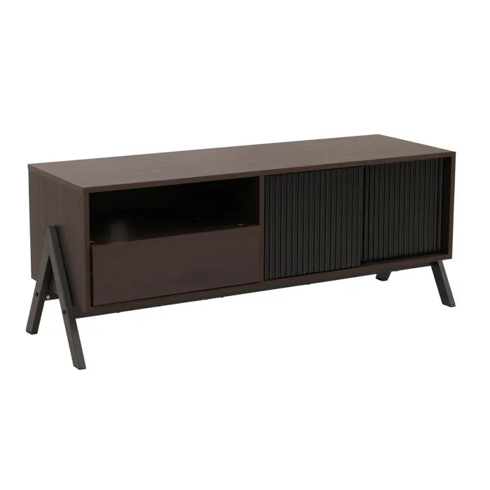 Meuble Tv Bas En Finition Noyer 120 Cm Avec Porte Coulissante Tiroir Et Rangements Structure Métal 040009221