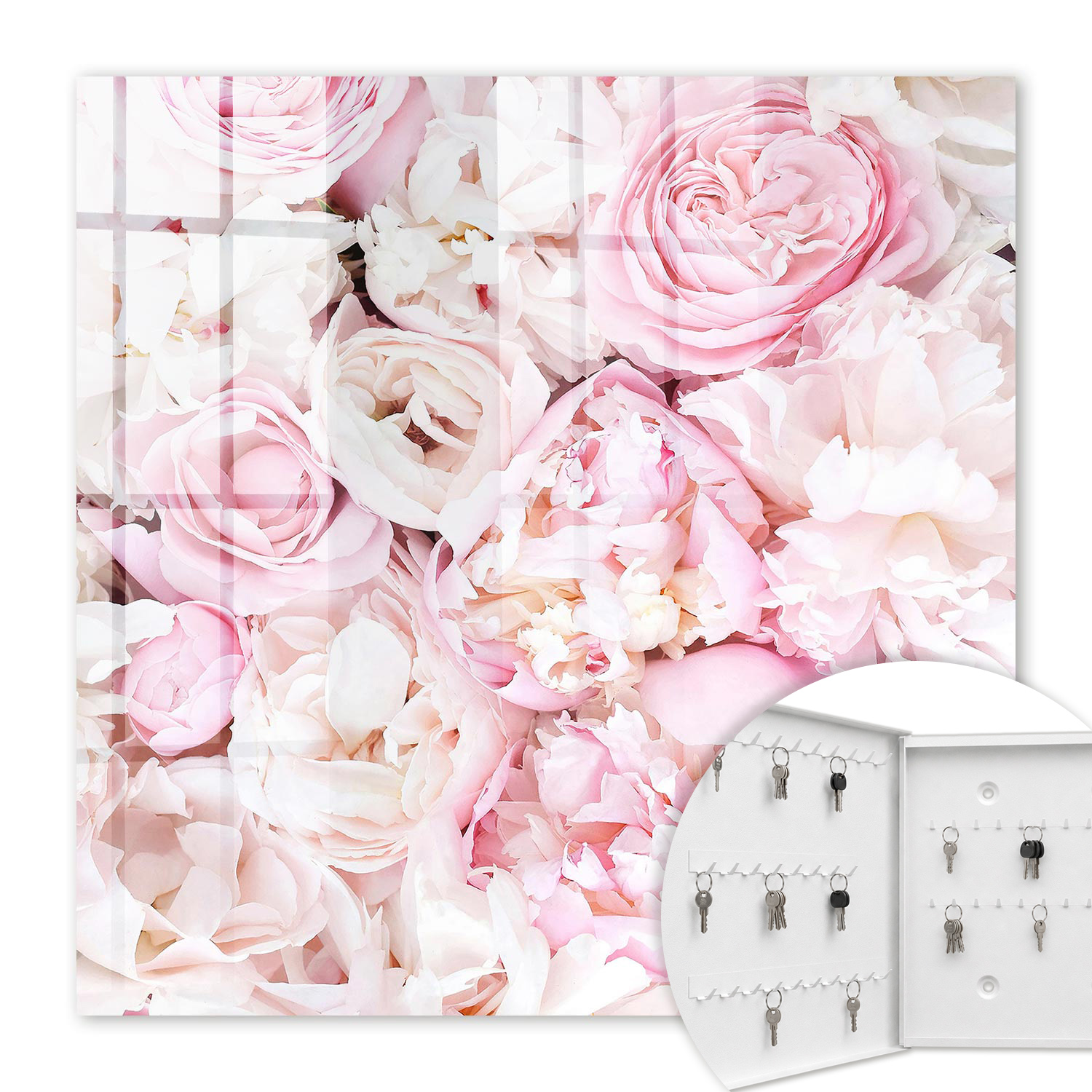 Armoire À Clés - (30 Cm X 30 Cm) - Boîte À Clés Murale - Coffret De Rangement Pour Clés - Couleur Blanche - Ouverture Vers La Gauche - Pour Maison Et Bureau - Fleurs Pastel