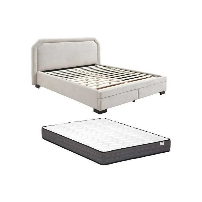 Lit avec tiroirs 140 x 190 cm - Tissu - Beige + Matelas - INASTO