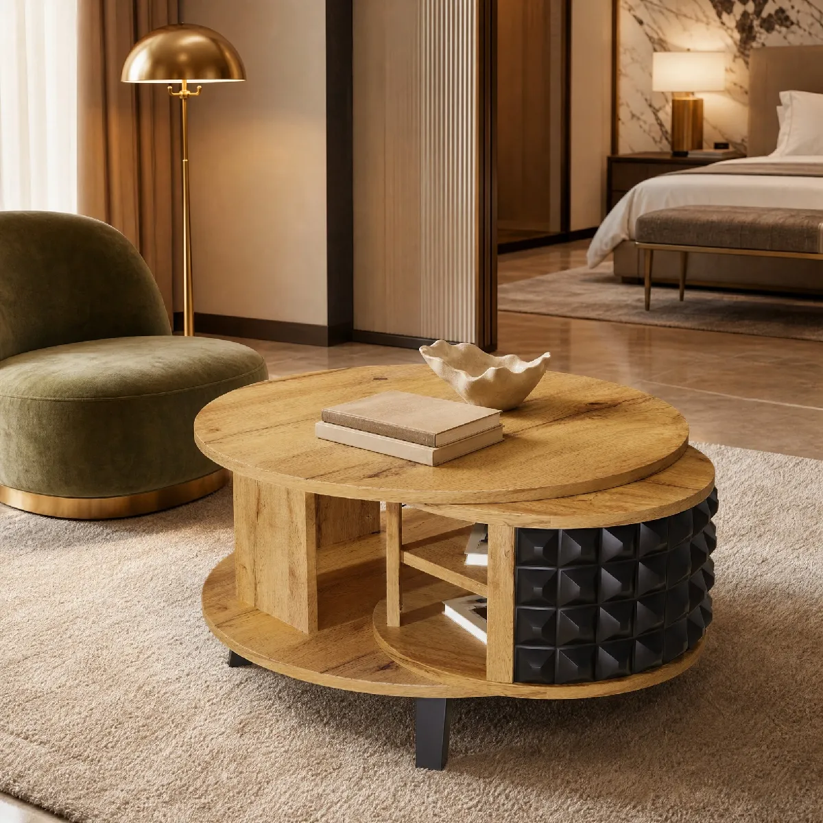 Table Basse Pivotante Moderne avec Rangement Caché - Table de Salon Ronde design - Panneaux de Particules - Naturel - 85x80x45 cm