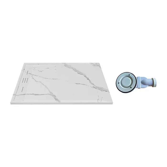 Receveur de douche extra plat à poser ou à encastrer recoupable en résine SMC avec siphon - Blanc marbré - 140 x 90 cm - LYROSA