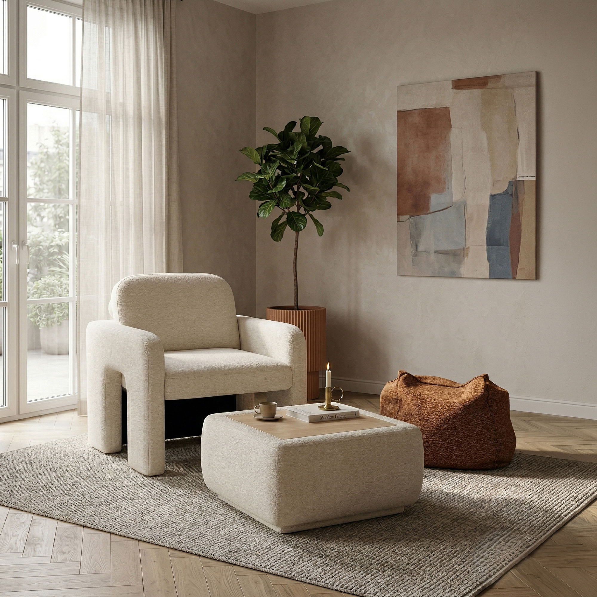 Fauteuil Design 90x80x88 Cm Avec Table Basse Relevable Beige - Kova