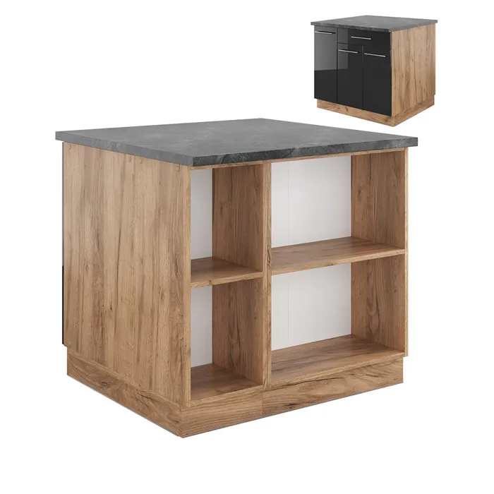 Vicco Îlot de cuisine Anthracite brillant/Chêne doré 90cm avec tiroir, sans PT